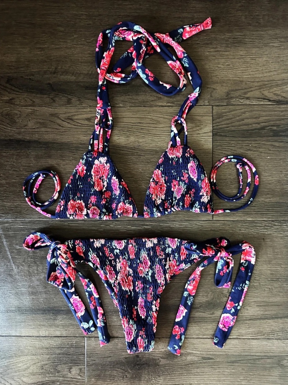 Tori Praver Floral Handmade Bikini Set in Navy & Pink Rose